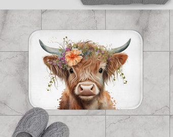 Floral Watercolor Highland Cow Bath Mat, Highland Cow Bathroom Decor, Farmhouse Bathroom Mat, Country Chic Bathroom Decor, Cute Bathroom Rug