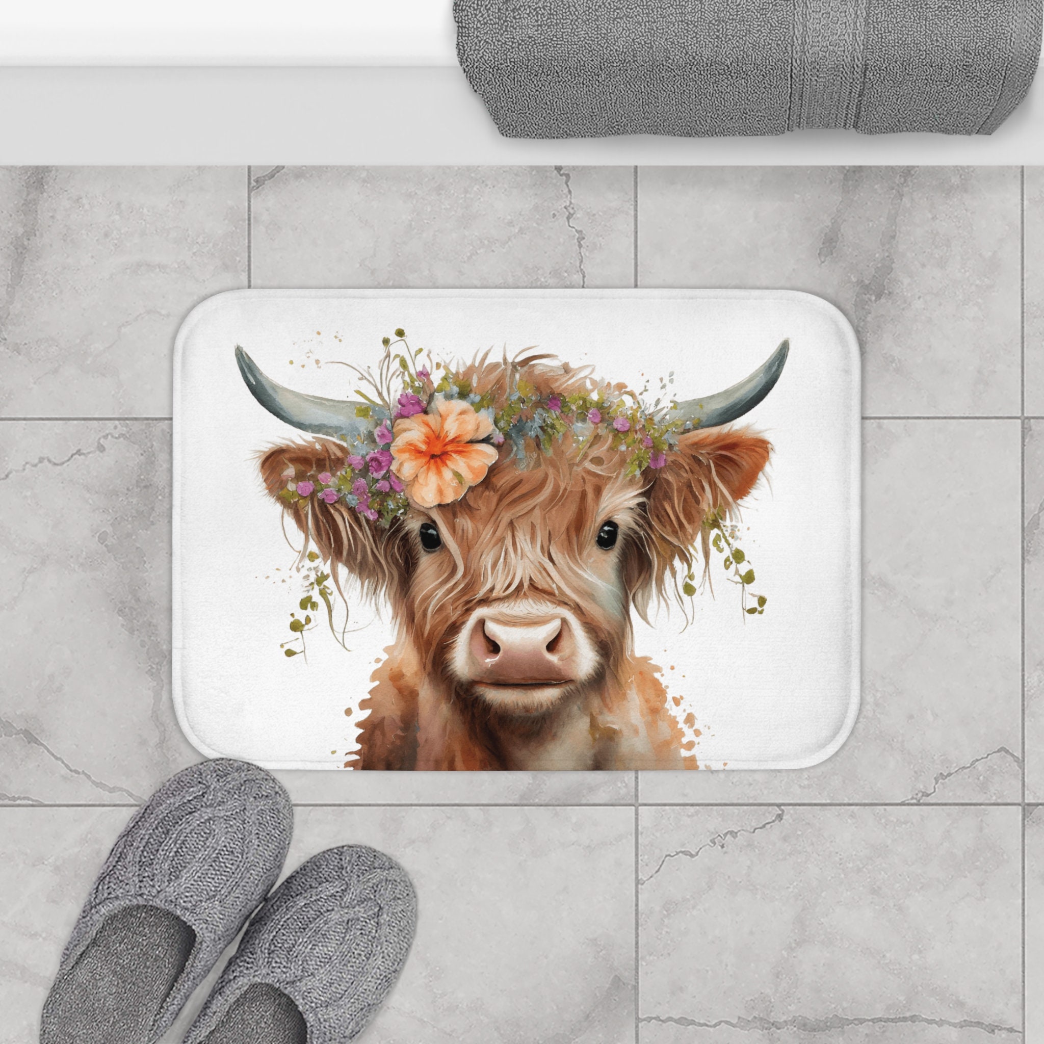 Floral Watercolor Highland Cow Bath Mat, Highland Cow Bathroom Decor