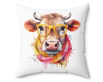 Highland Cow Pillow: Quirky Cow with Glasses, Faux Suede Cushion