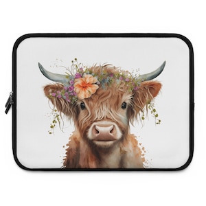 Boho Floral Highland Cow Laptop Sleeve, Highland Cow Laptop Case, Farmhouse, Macbook Sleeve, Macbook Air Case, Macbook Pro Case, Cow Bag