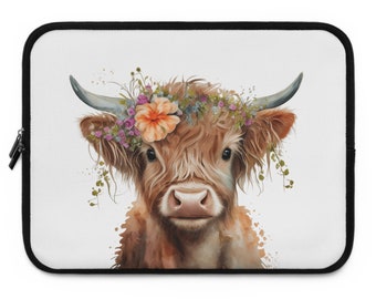 Boho Floral Highland Cow Laptop Sleeve, Highland Cow Laptop Case, Farmhouse, Macbook Sleeve, Macbook Air Case, Macbook Pro Case, Cow Bag