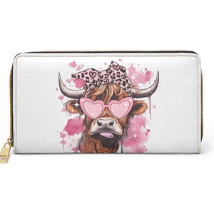Bolsa de couro sintético Boho Floral Highland Cow, bolsa de vaca aquarela, presente para amante de vaca, carteira de vaca escocesa, bolsa de vaca, carteira com zíper de vaca Highland
