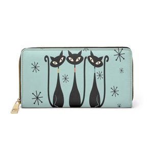 Cartera de piel sintética con cremallera de Mid Century Cats, Atomic Cats, cartera moderna para mujer, cartera de mano retro, cartera vintage con diseño de gato negro, cartera con forma de gato para ella