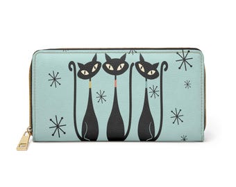 Mid Century Cats Faux Leather Zipper Wallet, Atomic Cats, Modern wallet for women,Retro Clutch, Vintage Kitchy Black Cat, Cat Wallet For Her