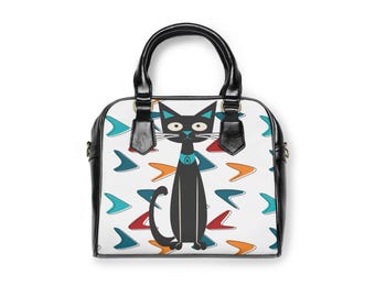 Atomic Cat Handbag: Mid Century Modern Retro Satchel