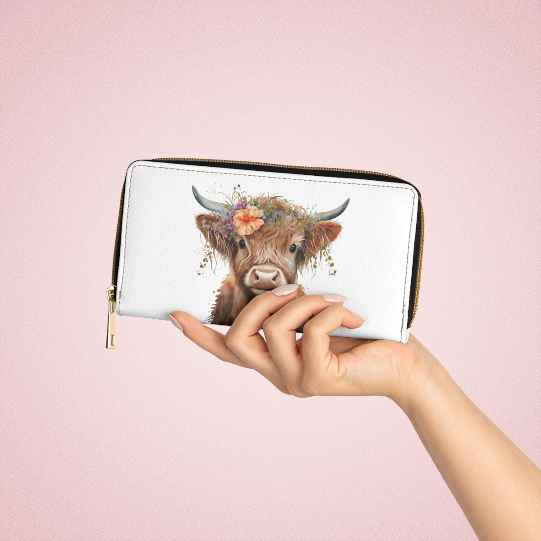 Boho Floral Highland Cow Faux Leather Zipper Wallet - Etsy