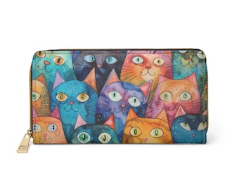 Portafoglio con facce di gatto colorate: borsa in pelle vegana con cerniera