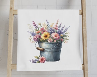 Toalla de mano con diseño de cubo de flores silvestres en acuarela: decoración floral de lino