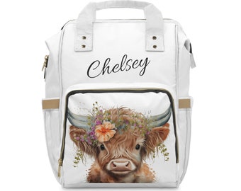 Personalized Highland Cow Backpack Diaper Bag,Personalized Backpack Diaper Bag, Baby Boy, Baby Girl, Baby Shower Gift,New Mom Gift For Her