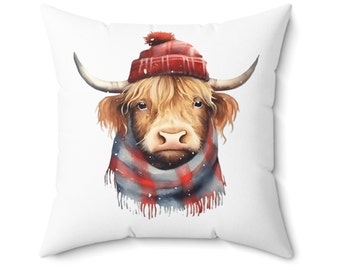 Watercolor Christmas Highland Cow Print Cushion, Pillow, Cute Highland Cow With Scarf Hat, Decorative Cushion, Winter Cabin Decor, Farmhouse
