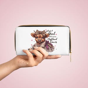 Sac à main bohème floral en simili cuir vache Highland, sac à main vache aquarelle, cadeau pour amateur de vache, portefeuille vache écossaise, sac à main vache, portefeuille à fermeture éclair vache Highland