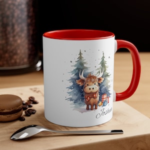Personalized Cute Christmas Highland Cow Mug, Highland Cow Personalized Coffee Mug, Custom Watercolor Mug with Name, Cow Lover Gift ,11oz
