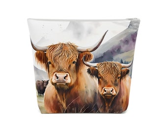 Highland Cow Zipper Pouch: Cotton Travel Makeup Bag