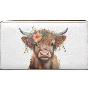 Monedero de piel sintética con diseño de vaca de las Tierras Altas con estampado floral bohemio, monedero con diseño de vaca en acuarela, regalo para amantes de las vacas, billetera con diseño de vaca escocesa, monedero con diseño de vaca, billetera con cremallera con diseño de vaca de las Tierras Altas