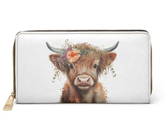 Boho Floral Highland Cow Faux Leather Purse, Watercolor Cow Purse, Cow Lover Gift, Scottish Cow Wallet, Cow Purse,Highland Cow Zipper Wallet