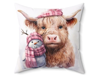 Christmas Highland Cow Pillow: Winter Snowman, Scottish Farmhouse Cushion