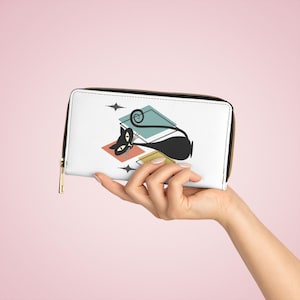 Cartera de piel sintética con cremallera de Mid Century Cats, Atomic Cats, cartera moderna para mujer, cartera de mano retro, cartera vintage con diseño de gato negro, cartera con forma de gato para ella