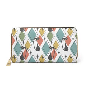 Monedero con cremallera retro moderno de mediados de siglo con diseño de gato atómico, monedero vintage con diseño de gatito atómico, regalo retro para amantes de los gatos, accesorios modernos de mediados de siglo