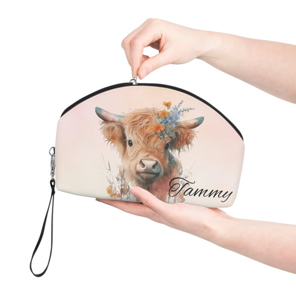 Personalized Watercolor Floral Highland Cow Makeup Bag Cowgirl Bag Farmhouse Cosmetic Bag Western Travel Bag Cow Gift Ideas Wristlet Purse