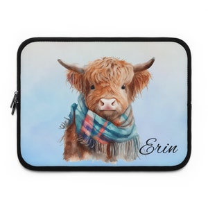 Stylish Personalised Highland Cow Laptop Sleeve, Scottish Cow Laptop Sleeve Custom Made Farmhouse Gift, Water Resistance Laptop Case Macbook