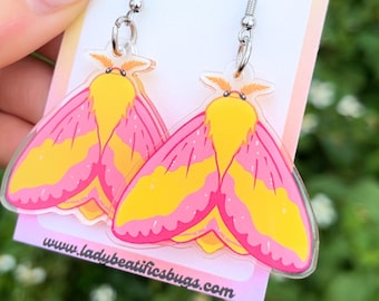 Rosy Maple Moth Pink Moth Insect Acrylic Earrings! 1.5in Recycled Plastic Statement Dangle Earrings Nature Jewelry