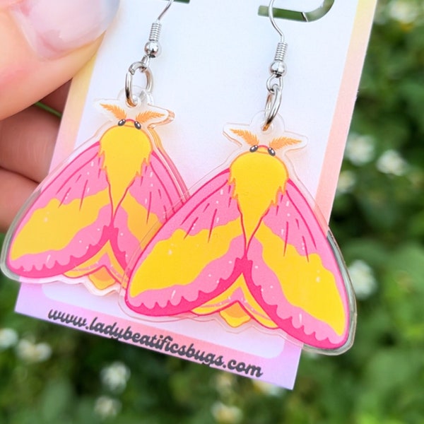 Rosy Maple Moth Pink Moth Insect Acrylic Earrings! 1.5in Recycled Plastic Statement Dangle Earrings Nature Jewelry