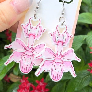 Orchid Mantis Pink Insect Earrings, 2&quot; Recycled Plastic Dangle, Nature Jewelry, Acrylic Mantis Statement Earrings