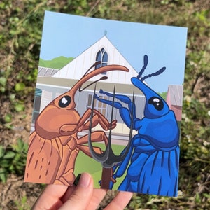 May include: A blue and brown illustration of two weevils on a white background. The weevils are standing on a black metal fork. The weevils are in front of a white house with a blue roof.