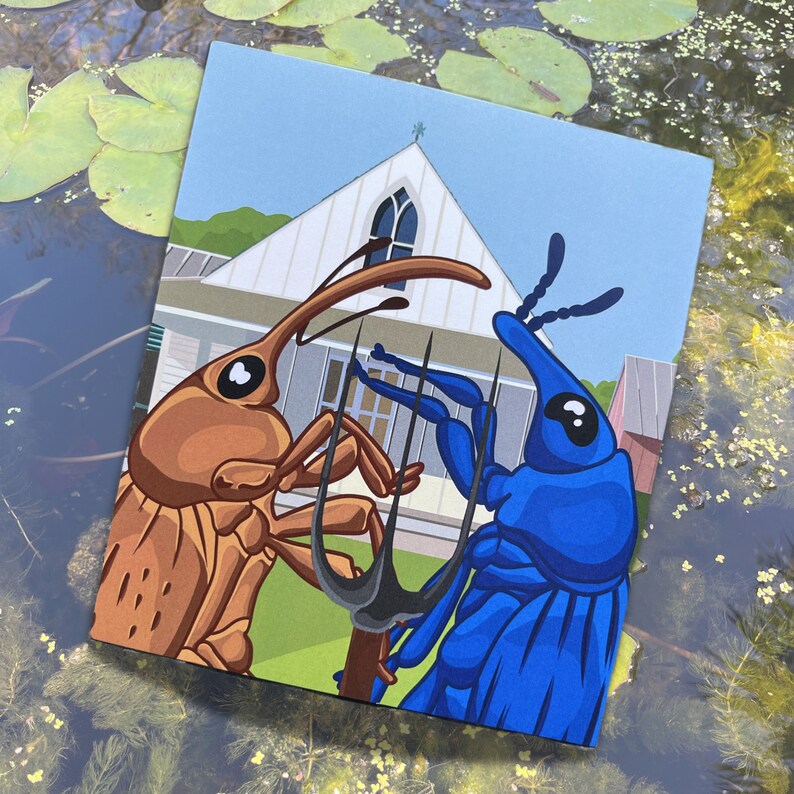 May include: Two cartoon weevils, one brown and one blue, are standing in front of a white house with a blue roof. The weevils are holding a black fork.