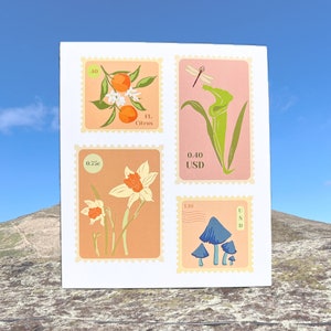 Wildblumen Stempel Illustration Vintage Stempel Wand Kunst Druck Original Kunst Niedlichen Raum Blumen Pilz Stempel Poster Stempelsammlung Wand Dekor