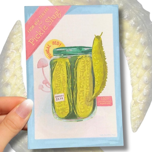 Pickle Slug! Cute Weird Cute Quirky Snail Slug Insect Art Pickle Art For Bedroom, Kitchen, Postcard Size Art Print