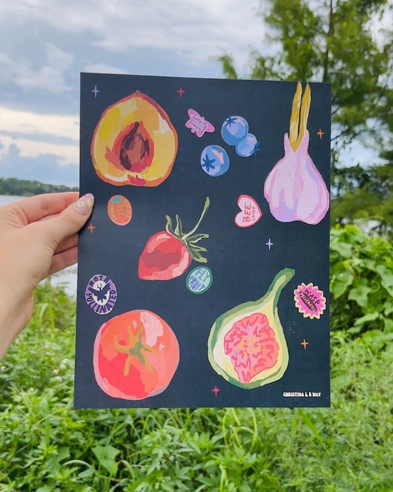 Pollinator-Themed Fruit & Vegetable Art Print - Colorful Nature Illustration with Fun Pollinator Fruit Stamps, Eco-Friendly Wall Art