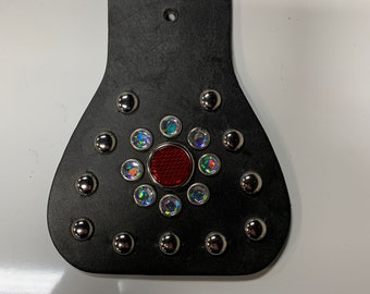 Mud Flap - Black - Black - Red Center-  Diamond Surround - Chrome Stud Far - Leather - Motorcycle Accessory