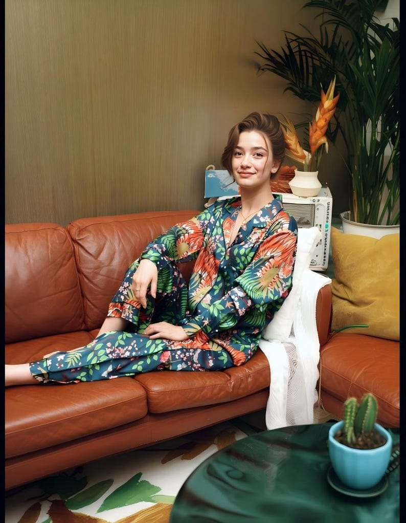 Puede incluir: Un conjunto de pijama con estampado floral en tonos verde azulado, naranja y verde. El conjunto incluye una camisa con botones y pantalones a juego. La persona est&aacute; sentada en un sof&aacute; de cuero marr&oacute;n. Un cactus en una maceta azul es visible.