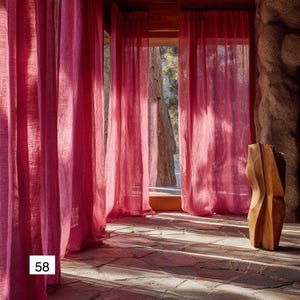 May include: Sheer, raspberry-colored curtains hang in front of a window, with sunlight streaming through. A wooden sculpture stands on a stone floor. The number 58 is visible in a white box.
