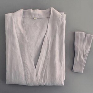 100% French Linen Robe: Stone Washed Linen Bathrobe with Pockets Pale lavender
