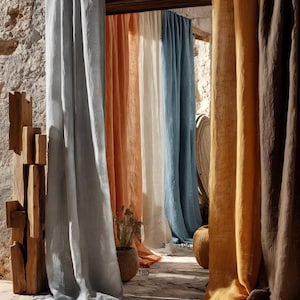 100% Linen Custom Curtains,  Semi-Sheer Natural Medium Weight Linen Curtains,  Color Blocking - 6 Colors Available
