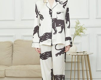 Pijama de satén con estampado de leopardo / Ropa de estar por casa de seda para mujer