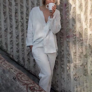 Linen PAJAMA set ,linen shirt and linen pants ,linen clothing,Light Gray Natrual Linen Nightwear, Can Be Worn Outside