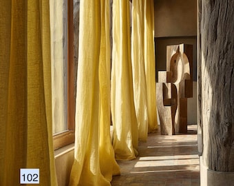 Op maat gemaakt gordijnpaneel van puur linnen: middelzwaar, gele kleurencollectie, op bestelling gemaakte gordijnen voor elegante raamstyling