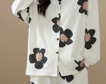Floral Cotton Pajama Set: Long Sleeve Loungewear with Pockets，Elegant Sleepwear Women，Cozy Loungewear for Home