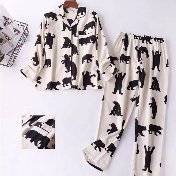 New Arrival 100% Cotton Pajamas Set, Pajamas Monogram,Unique Gift for Her,Casual Pajama,Comfortable Gift For Her, Cute Bear Print