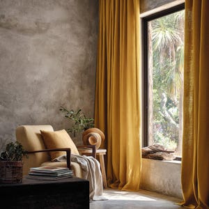 Pure Linen Custom Curtains,   Medium Weight Linen Curtains, Yellow Color Collection-8 Colors Available，6 Types Of Curtain Heads Available