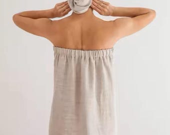 100% French Linen Robe and Shower Cap Set - Stone Washed Linen Bath Towel