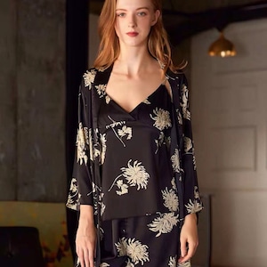 Floral Silky Pajama Set: Robe, Tank, Shorts & Pants