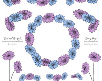 Pastel Daisy Blue & Purple Printable Stickers | Bullet Journal Planner Stickers to Print at Home