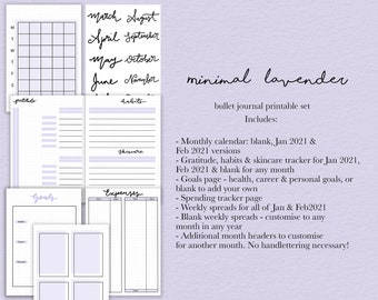 Bullet Journal Template Printable - Lavender Monthly Layout 2021 Minimalist Planner