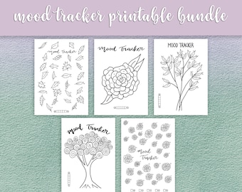 5 Mood Trackers Printable Set |  Spring Botanical Floral Bullet Journal Planner Template Bundle of 5