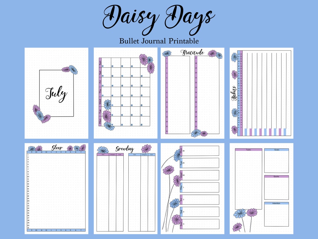Bullet Journal Printable Template Set | Spring Summer Daisy Floral Hand ...