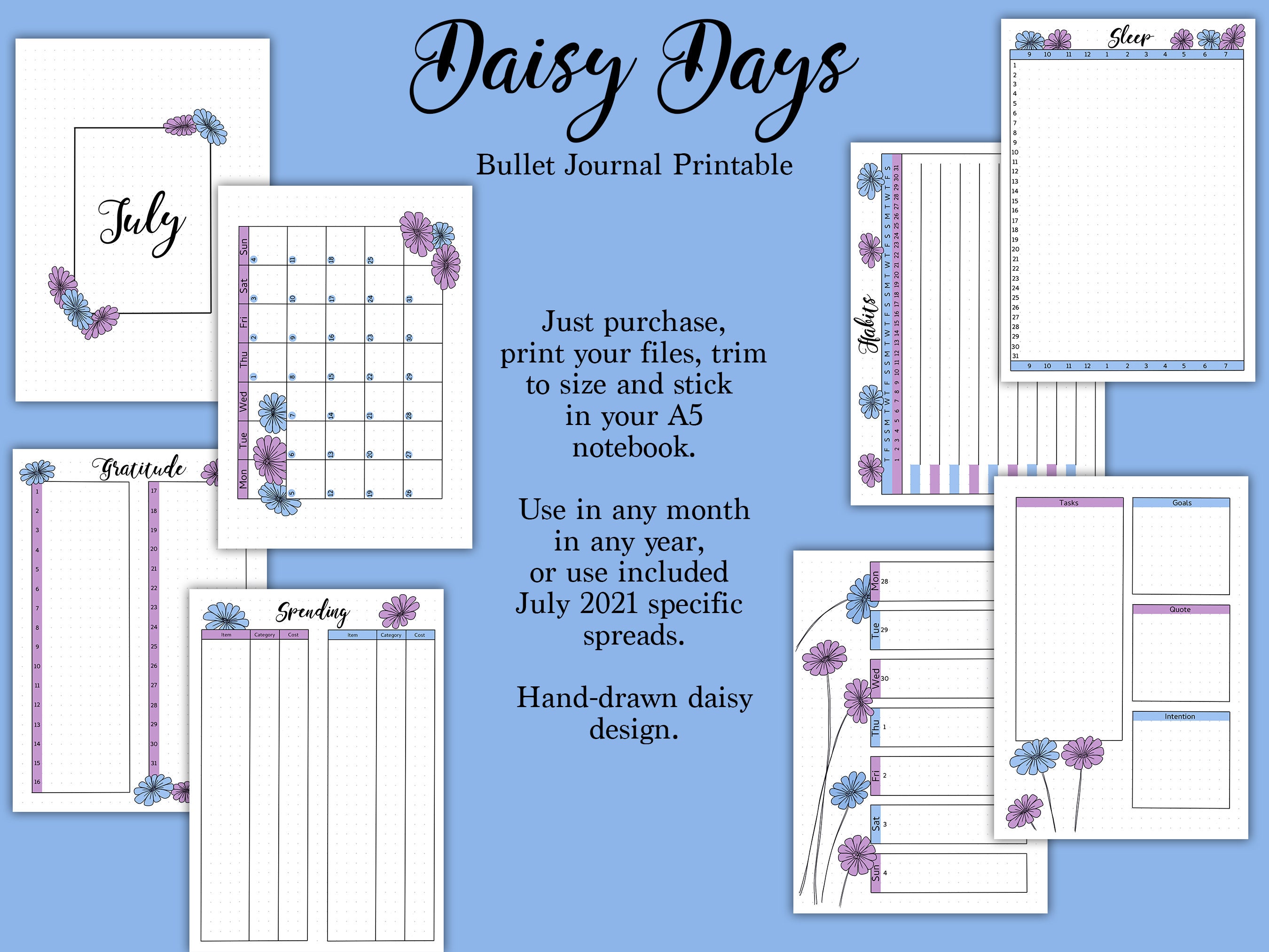 Bullet Journal Printable Template Set | Spring Summer Daisy Floral Hand ...